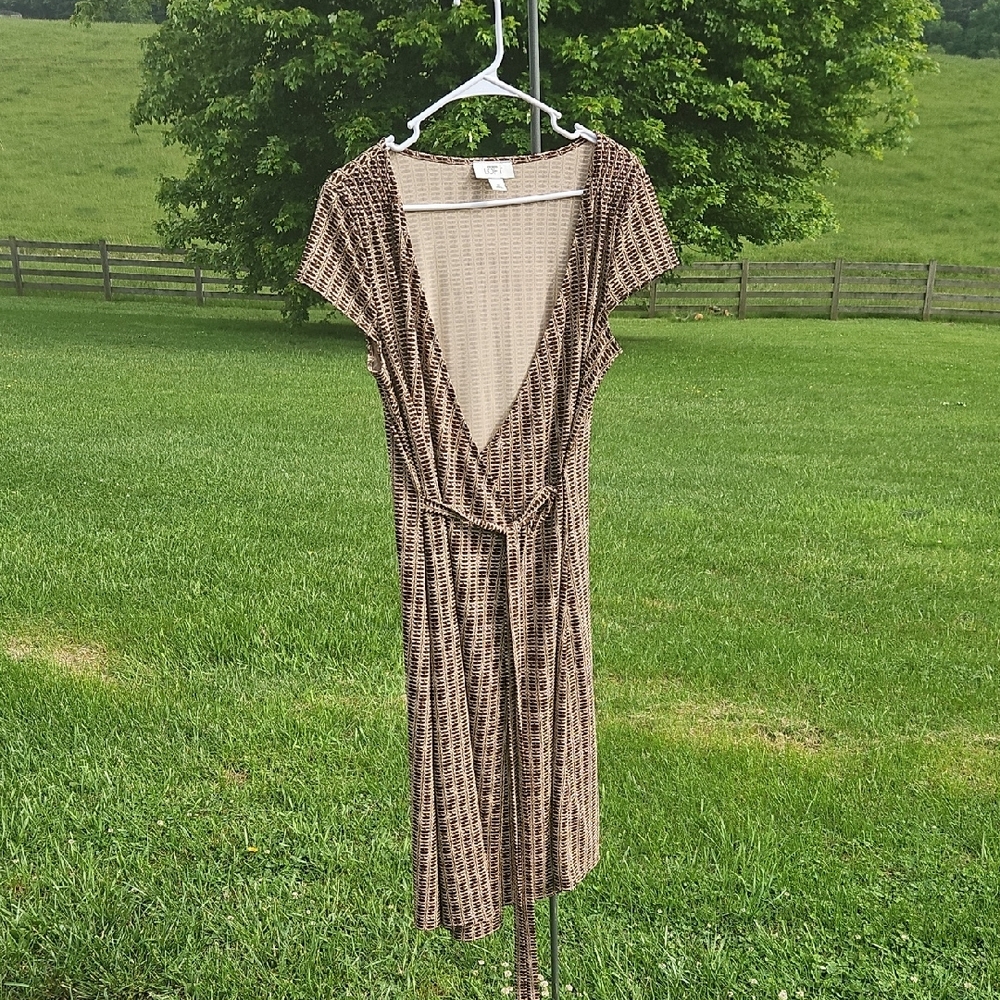 Ann Taylor Brown Tan Plunge Neck Midi Dress